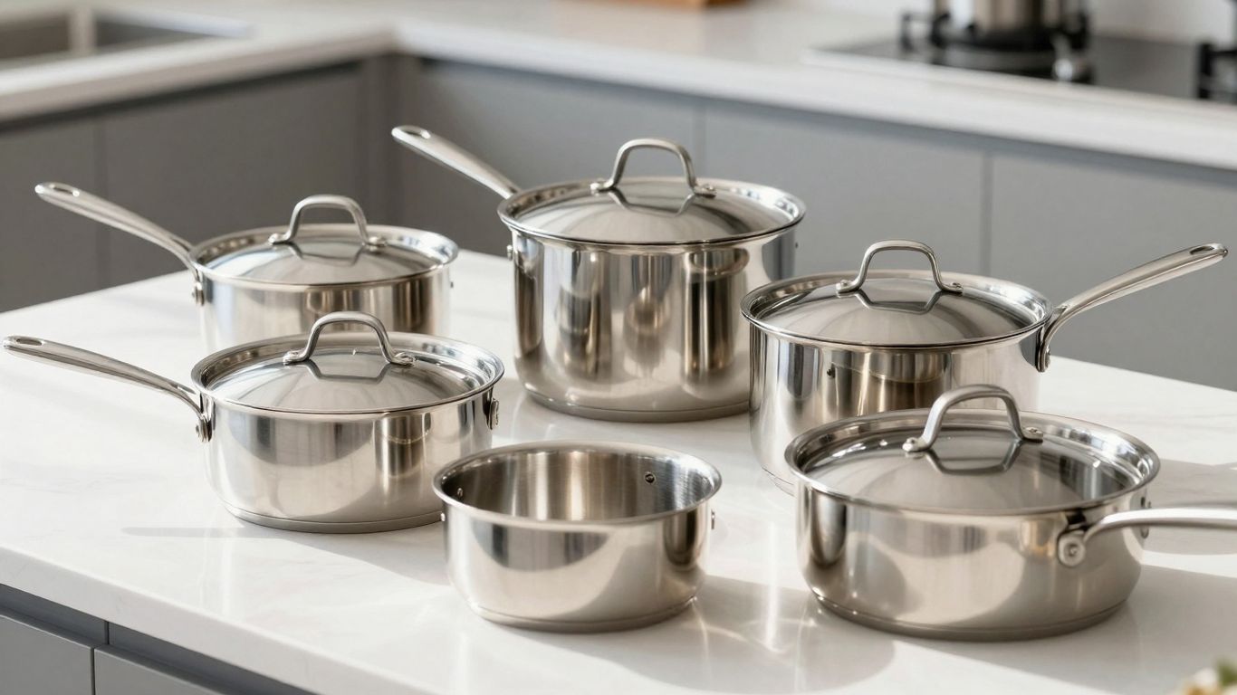 Stainless steel pots and pans on a kitchen counter.