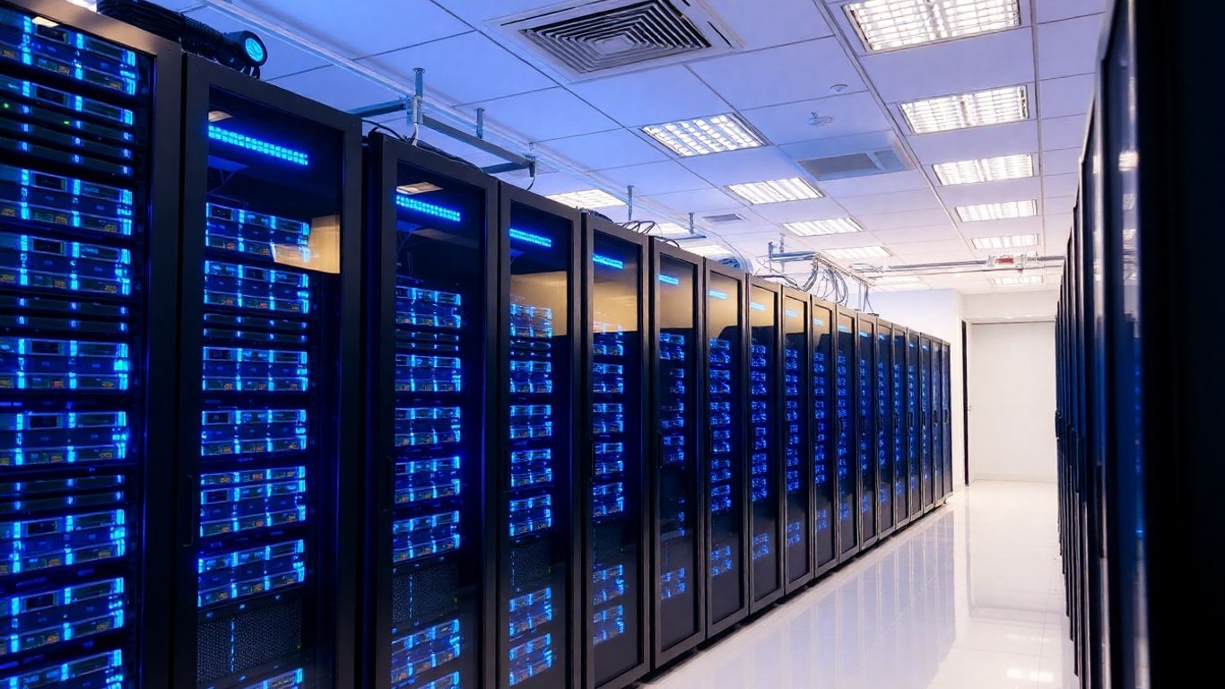 Computer database server room with glowing lights.