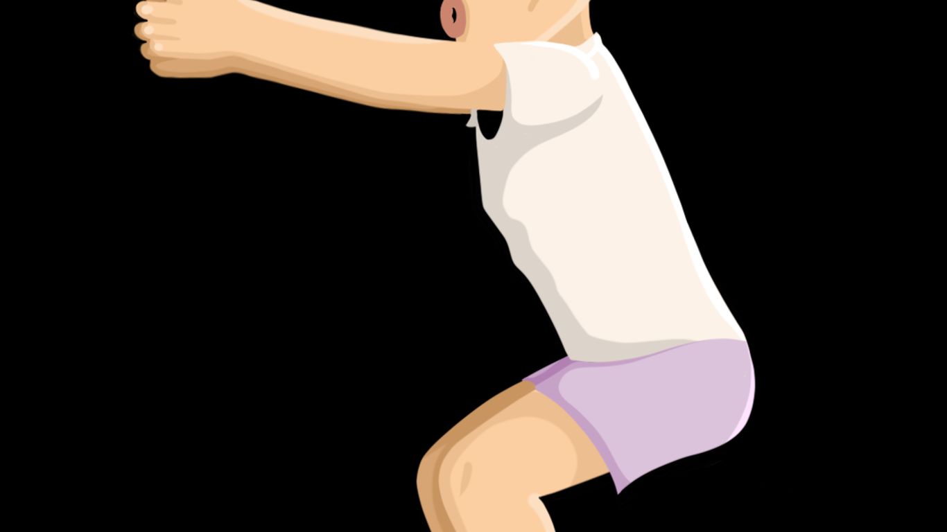 Person in a squatting position with arms extended forward.