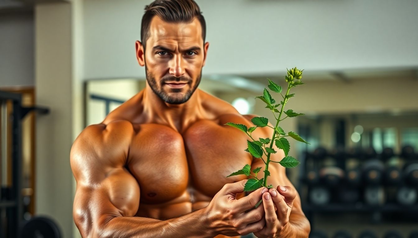 Muscular man holding ashwagandha plant in a gym.