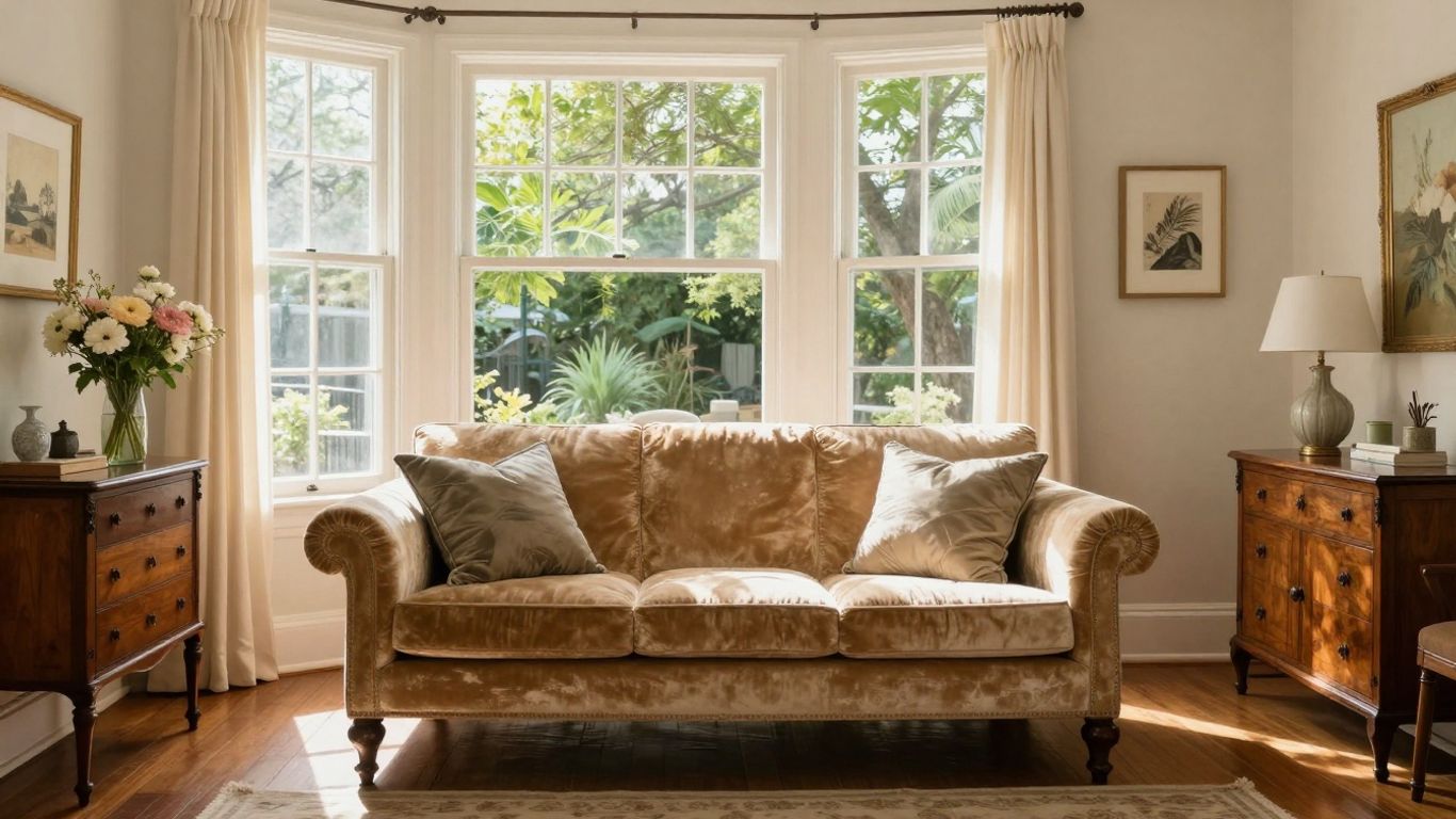 Elegant Charleston Airbnb living room with vintage furniture and natural light.