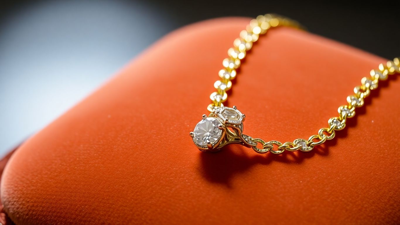 Collier en or et bague diamant sur coussin de velours.