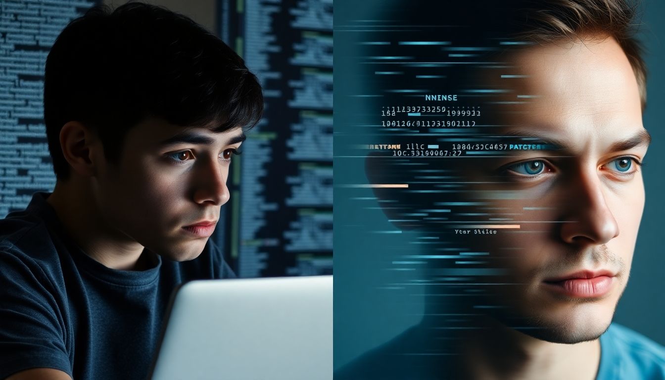 Student confused by AI content, with a glitching AI face obscuring a real portrait.