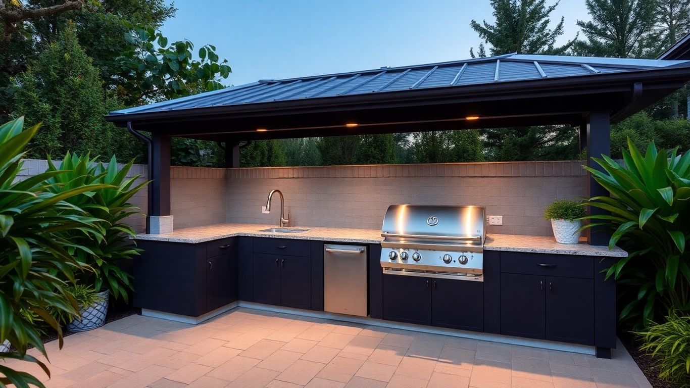 Outdoor kitchen with grill, countertops, and roof.