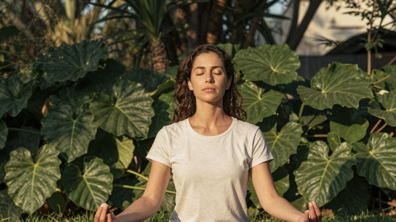 Frau meditiert friedlich im Sonnenlicht inmitten von Grün.