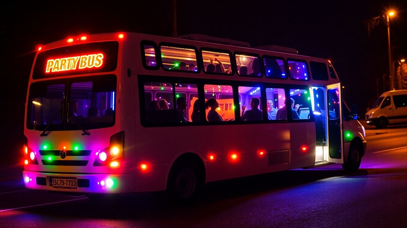 Party minibus with flashing lights in Slough at night.