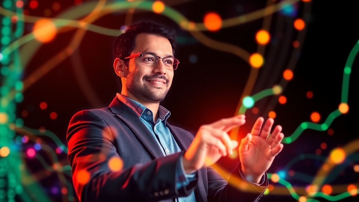 Marketing professional with glowing data streams.