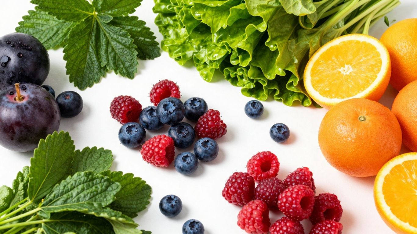 Fresh fruits and vegetables arranged attractively.