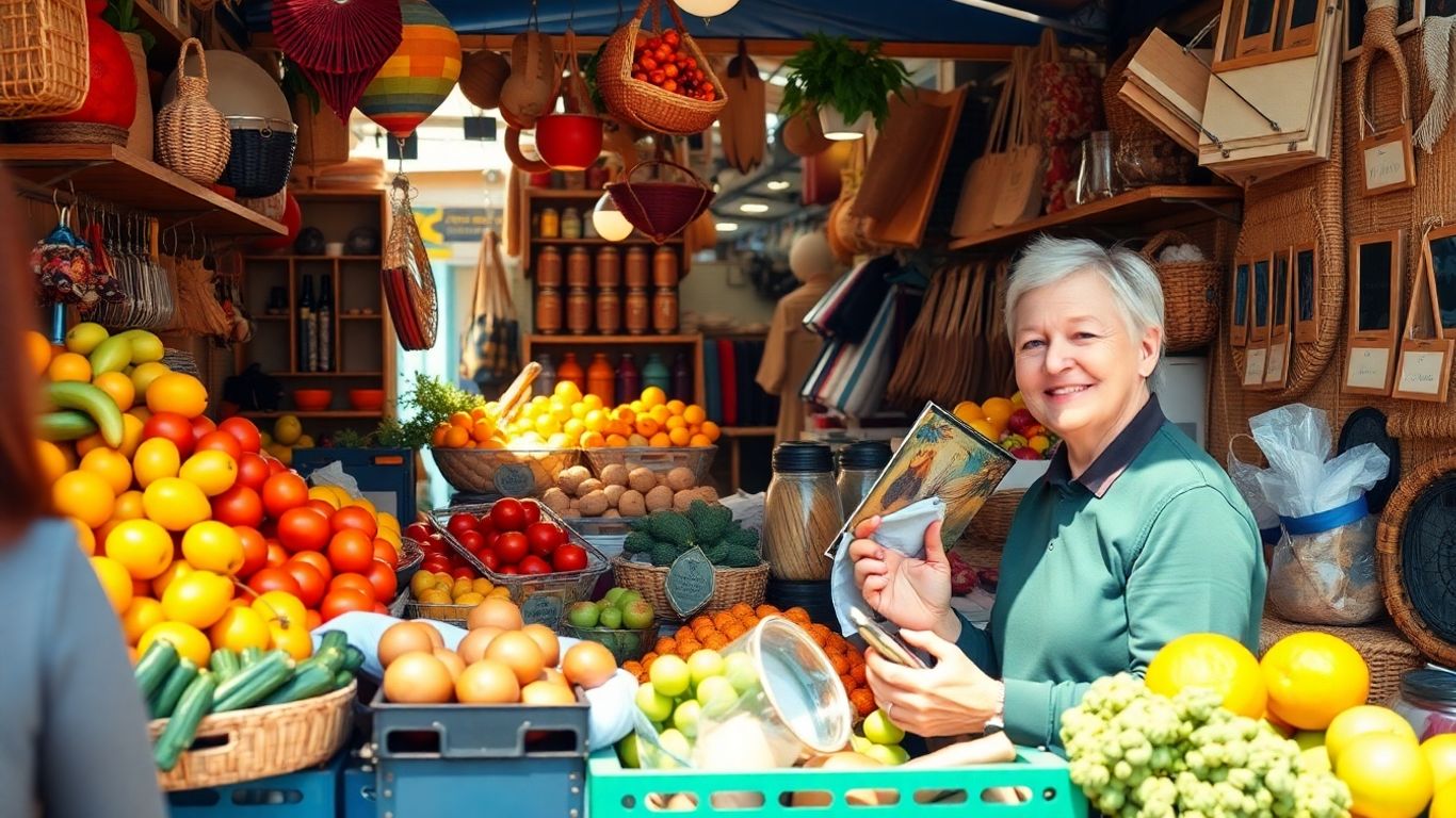 Colourful market stall with fresh produce and happy customers.