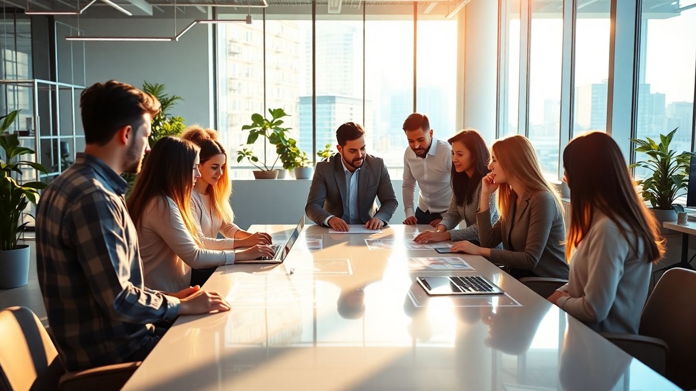 Business professionals collaborating in a modern office with digital interfaces.