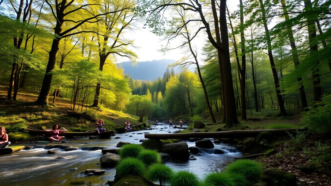 People meditating in a lush Victorian forest setting
