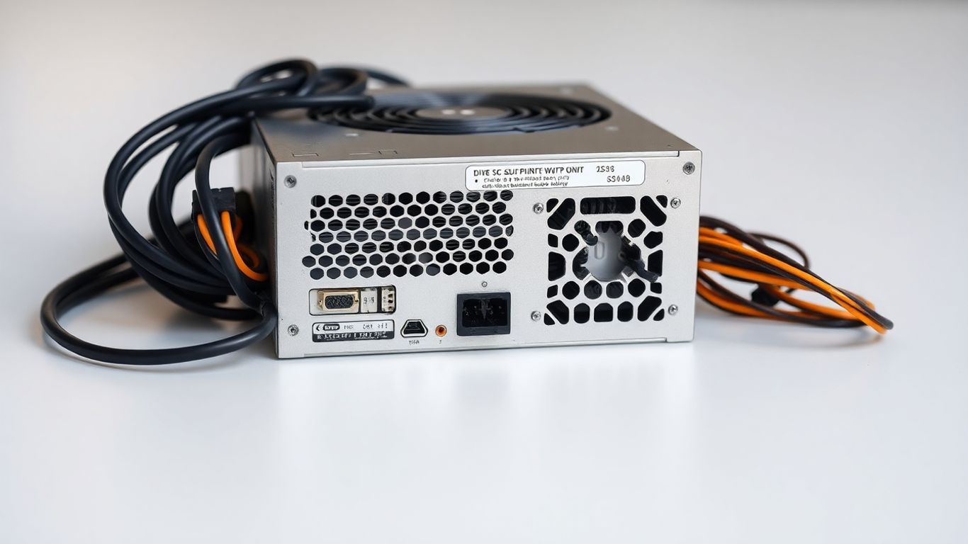 Fuente de alimentación de un ordenador con cables.