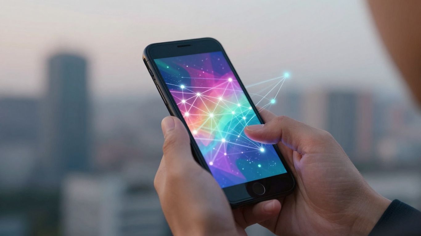 Person using AI trading app on smartphone with city background.