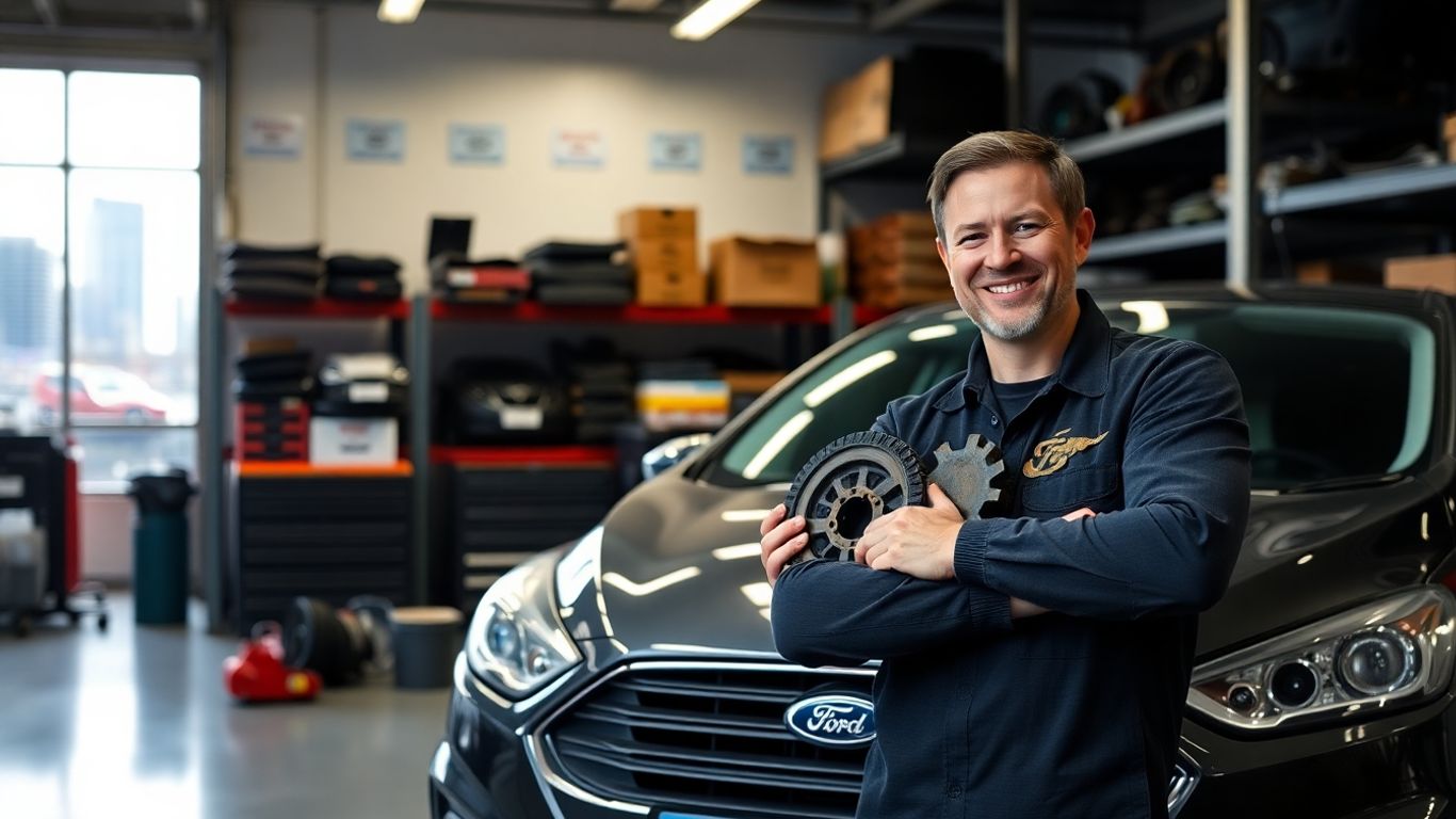 Mechanic with Ford car parts in Sydney garage