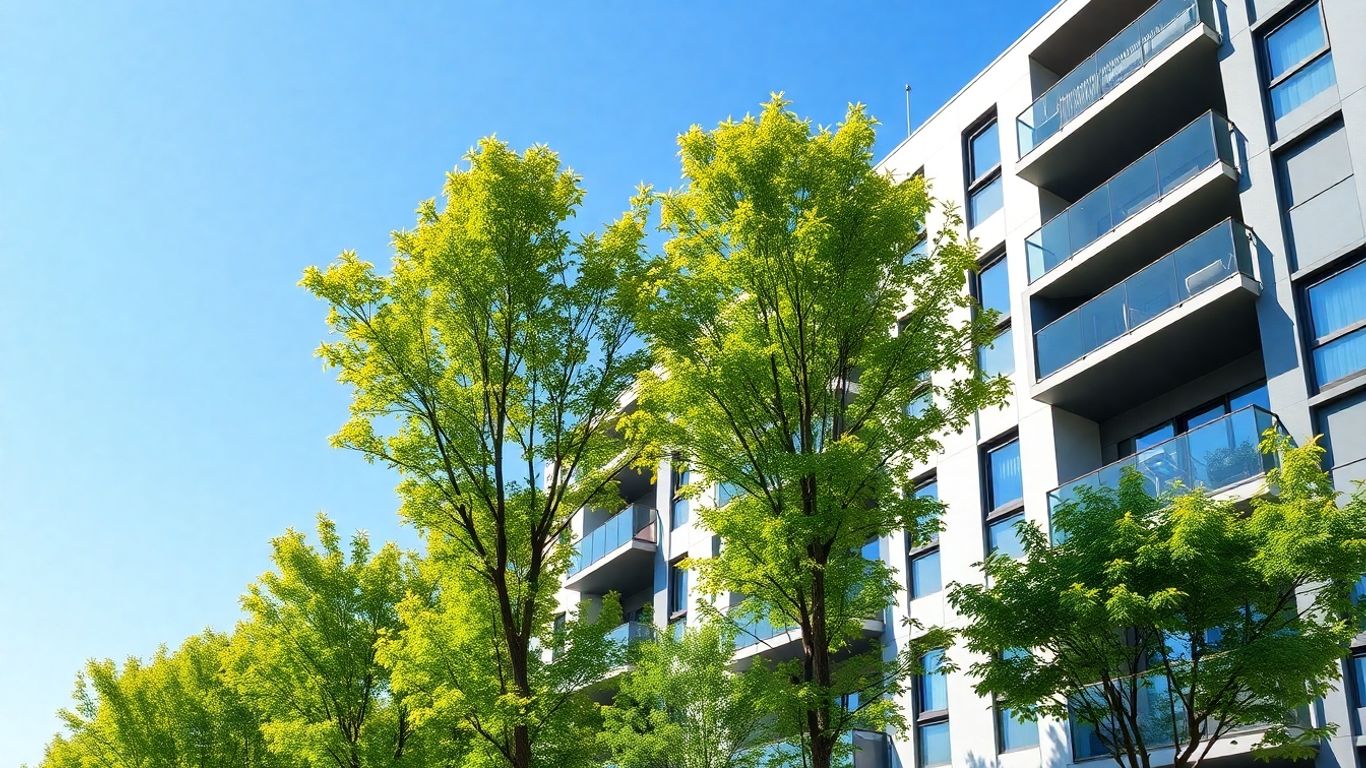 Luxury apartments surrounded by green trees and blue sky.
