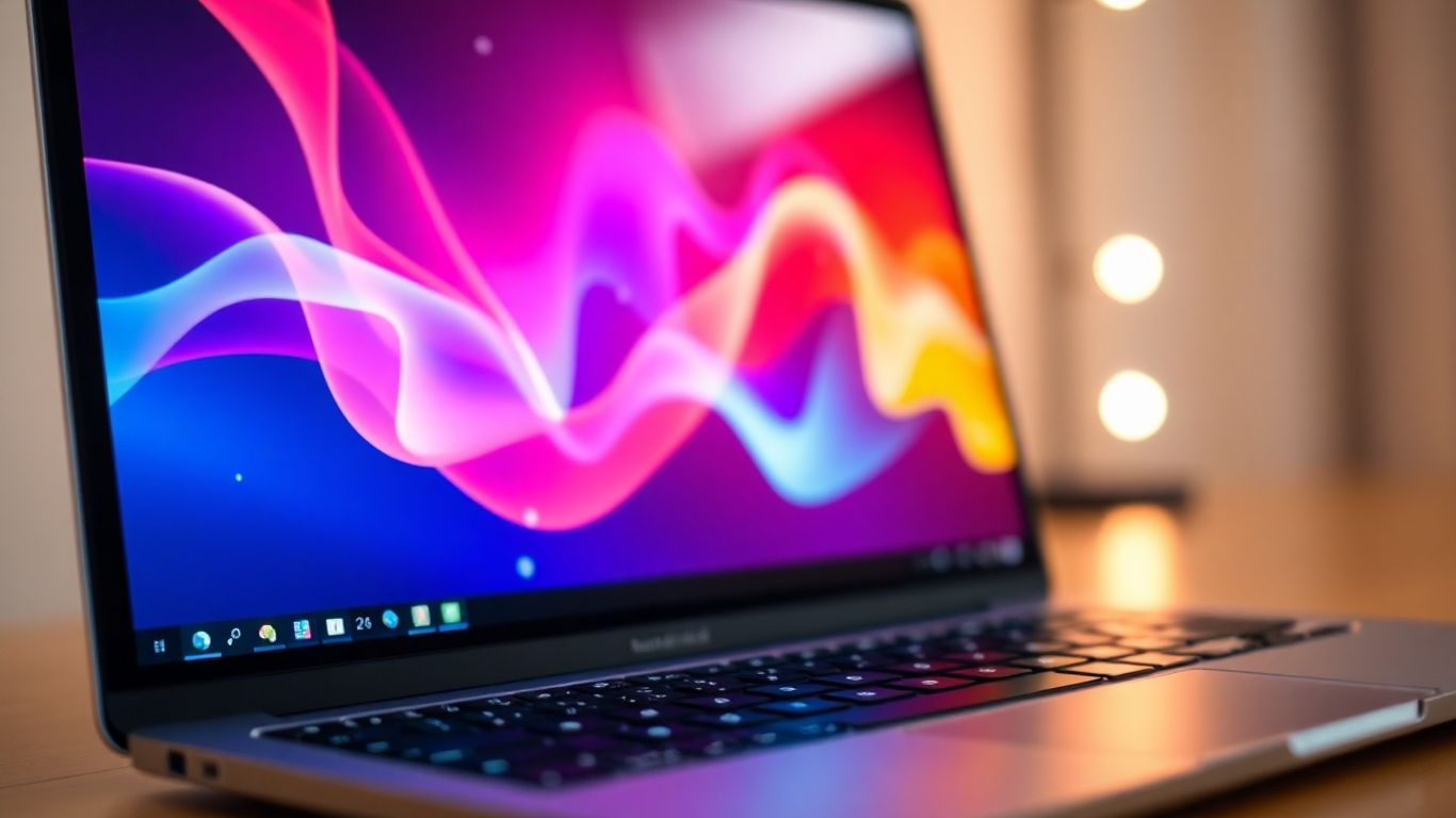 Laptop screen with colorful digital interface and light flares.