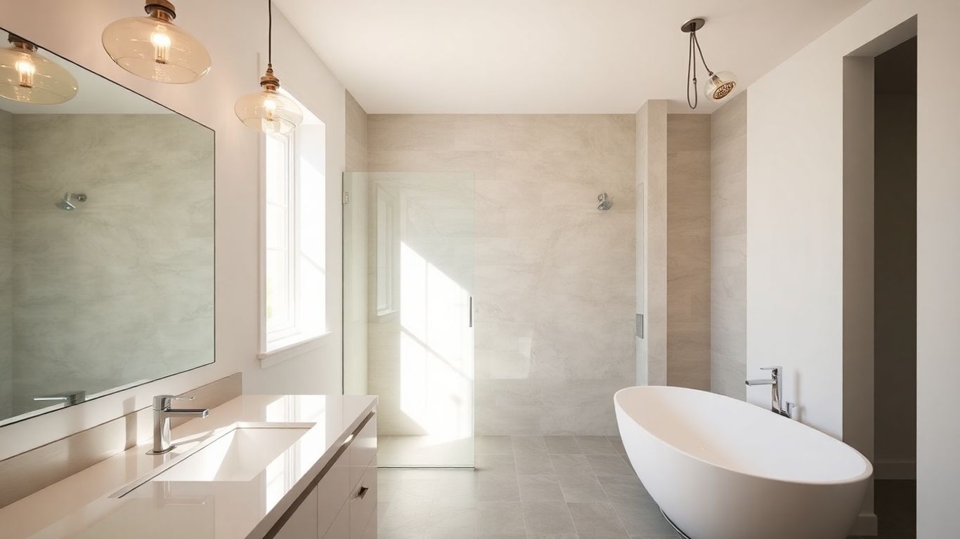Modern bathroom with bright lighting and stylish fixtures.