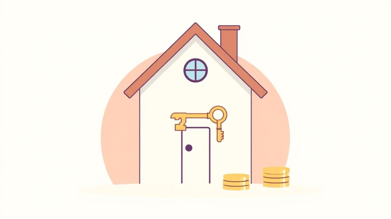 Vector illustration of a house, key, and coins for rental management.