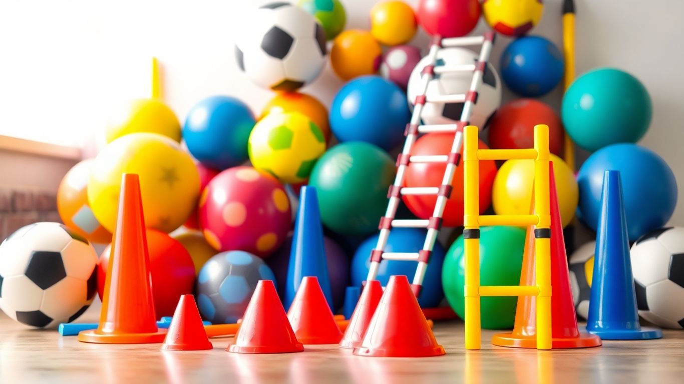Sportunterricht Material mit bunten Bällen und Hütchen
