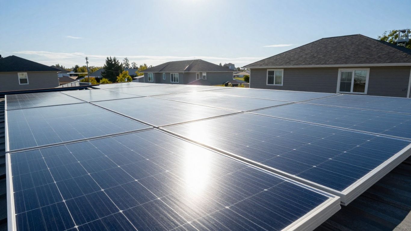 Canadian rooftop solar panels under a bright sun.