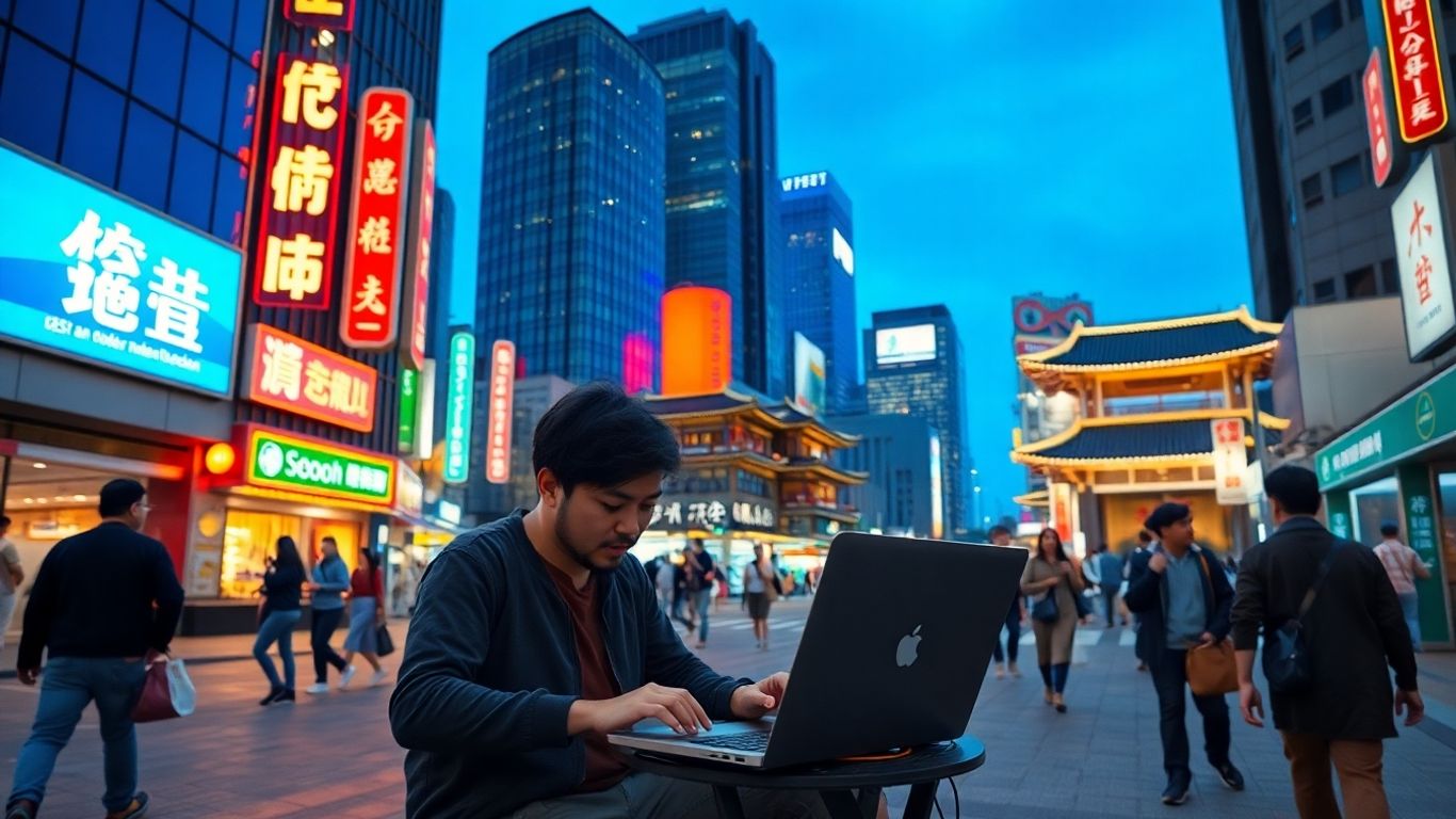 Digital nomad working safely in vibrant Seoul at dusk.