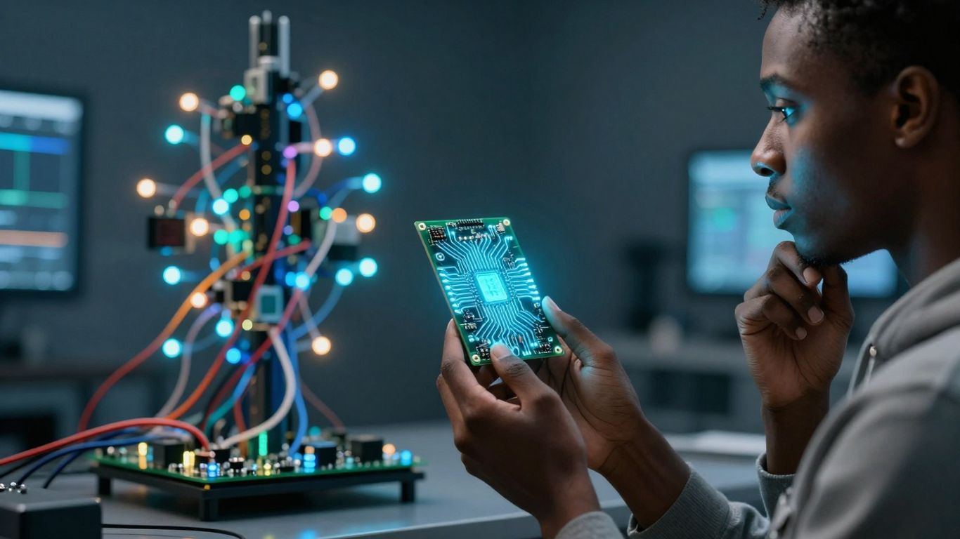 Person looking at a small AI circuit board.