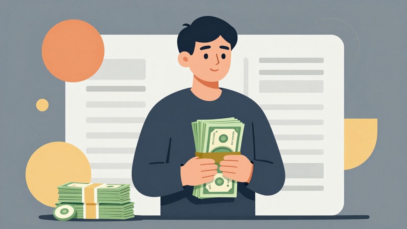 Cartoon person with money and assets, illustrating pledge loan.