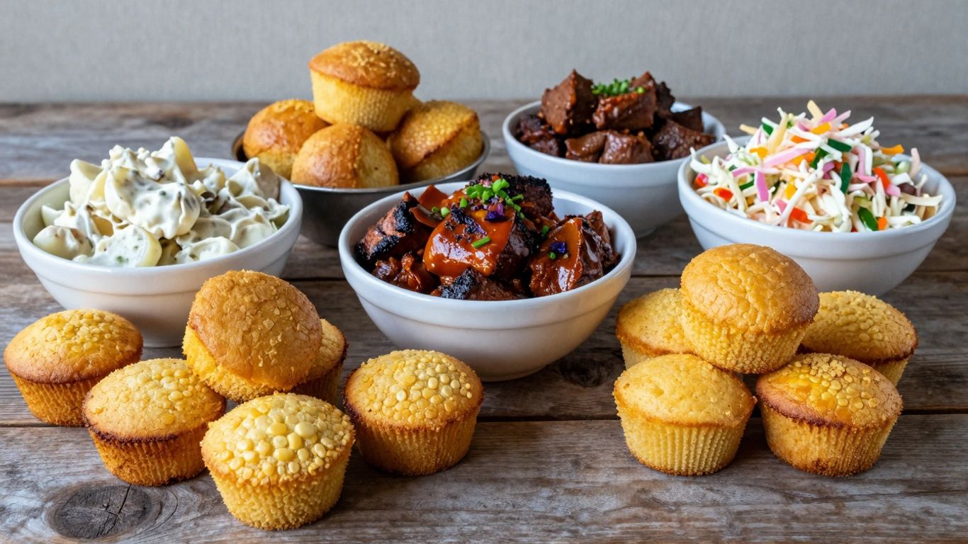 Assortment of colorful BBQ side dishes on a rustic table.