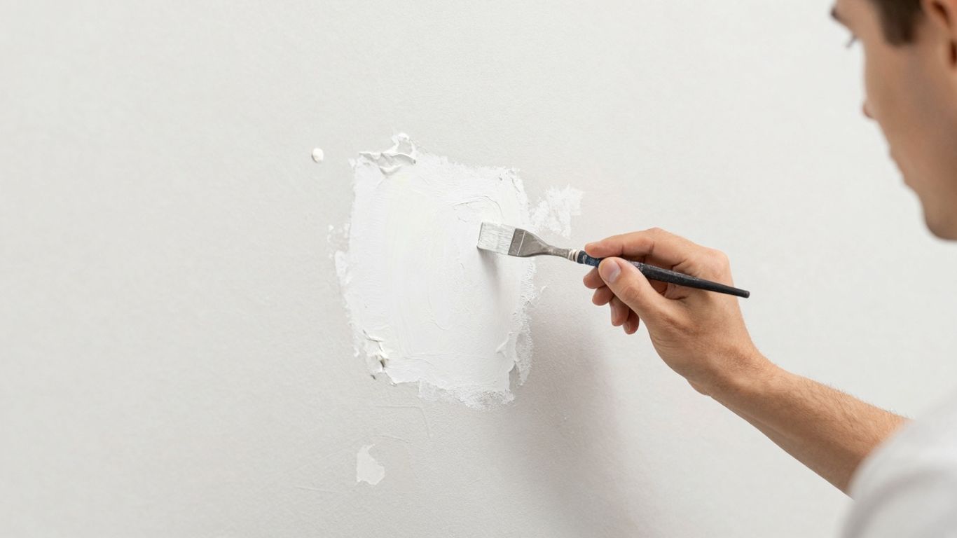 Painter fixing peeling paint and water damage on a wall.