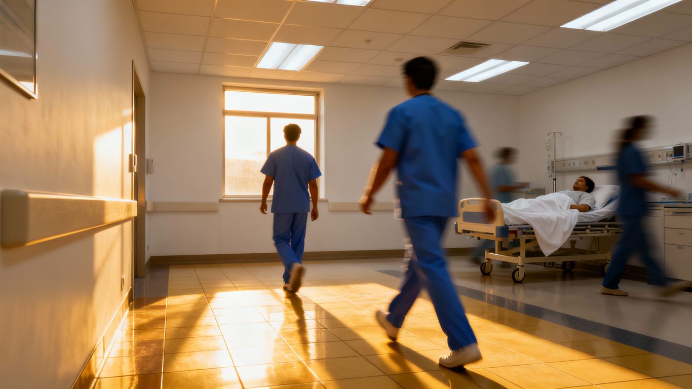Hospital corridor with medical staff and a patient bed.