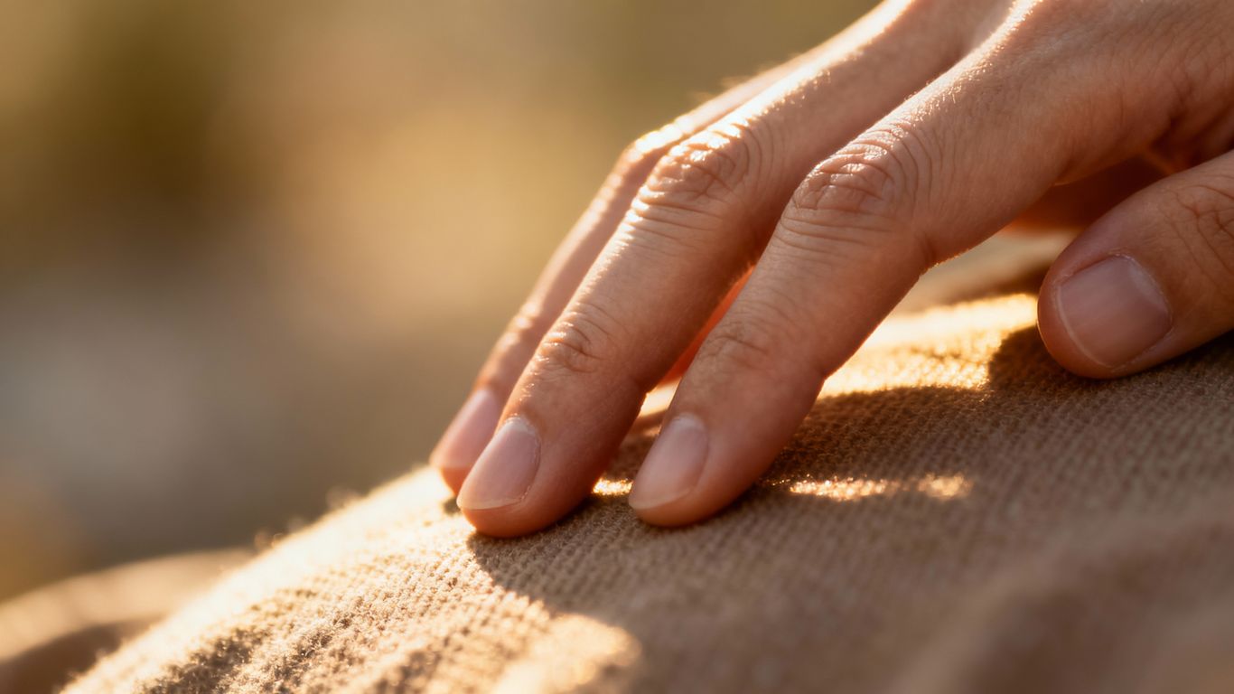 Hand touching a textured surface, soft light.