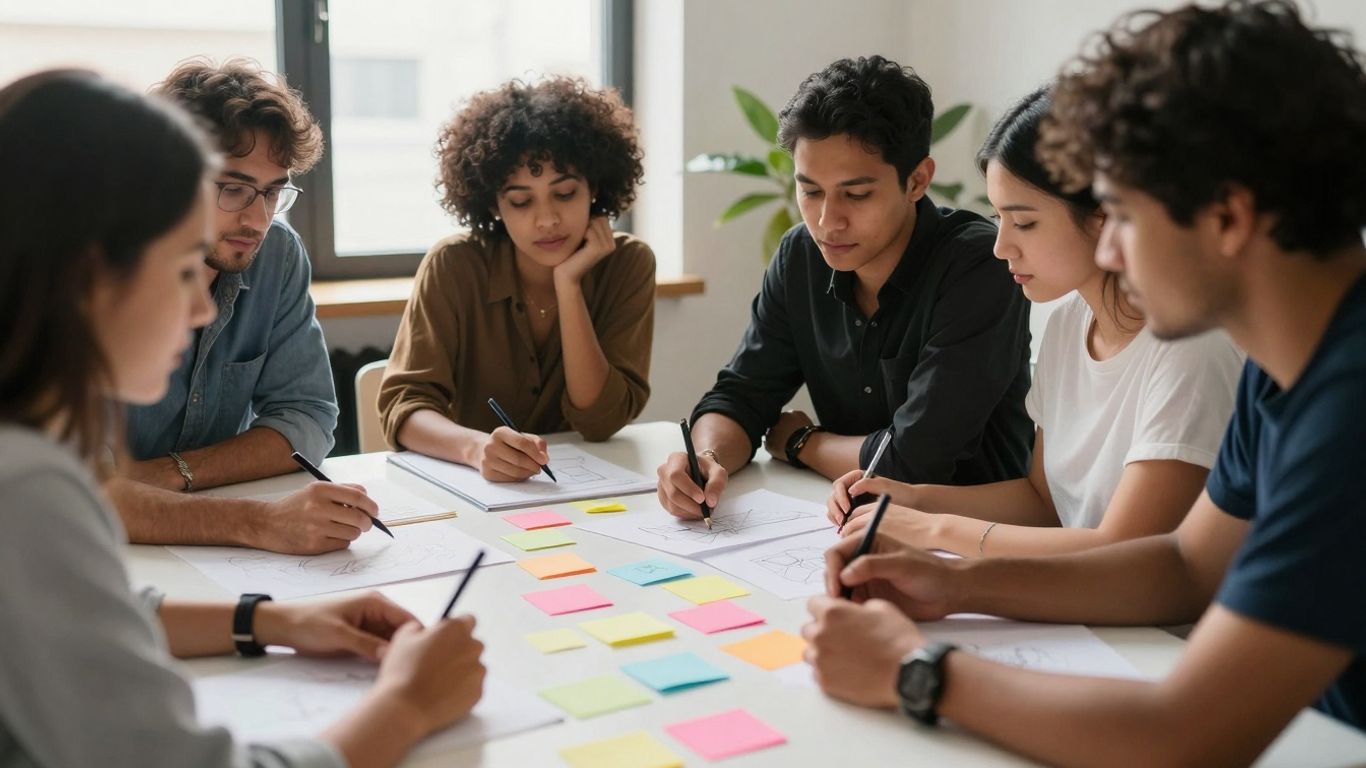 Crowdsourcing sites. People brainstorming ideas on sticky notes.