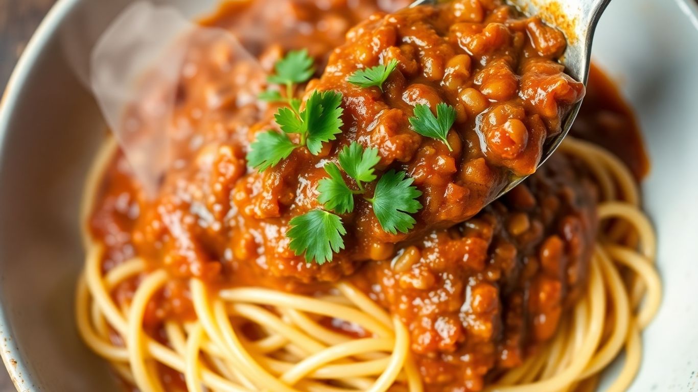 Hearty lentil spaghetti sauce in a bowl with pasta.