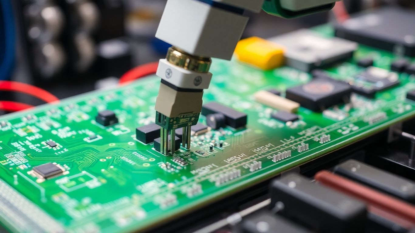 Robotic arm placing components on PCB