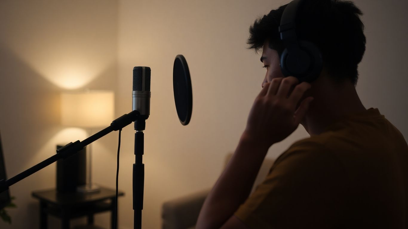 Person setting up podcast recording equipment in a quiet room.