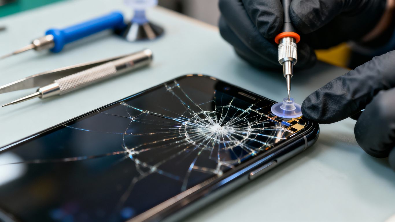 Smartphone screen repair in progress.