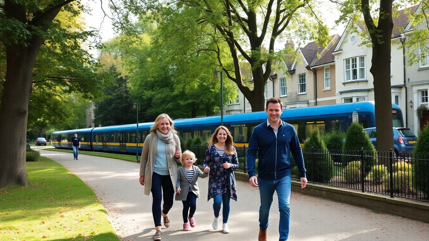 Family in Harpenden park with London train nearby.
