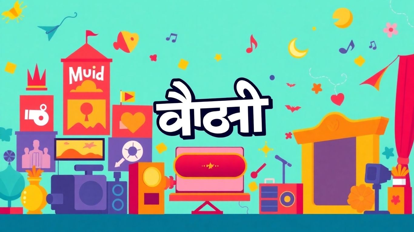 Entertainment icons and Hindi script in a game-like design.