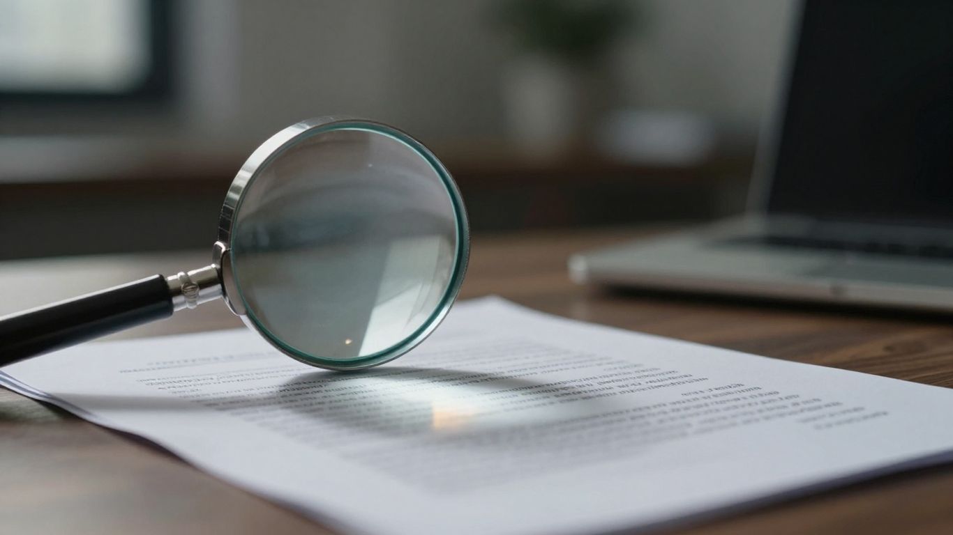 Magnifying glass over insurance contract document.