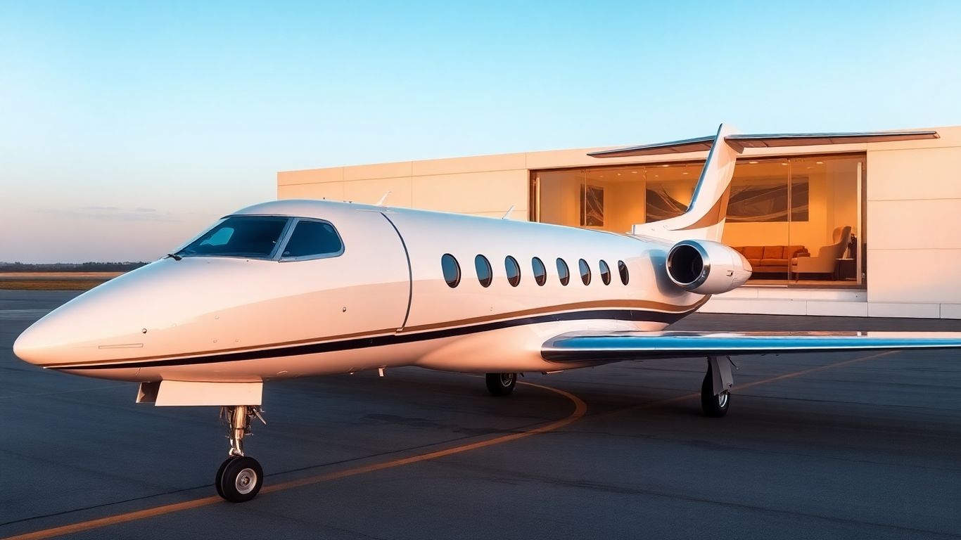 Private jet on tarmac with lounge in background.