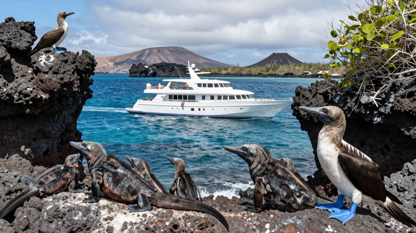 Galapagos Islands yacht cruise with wildlife and volcanic scenery.
