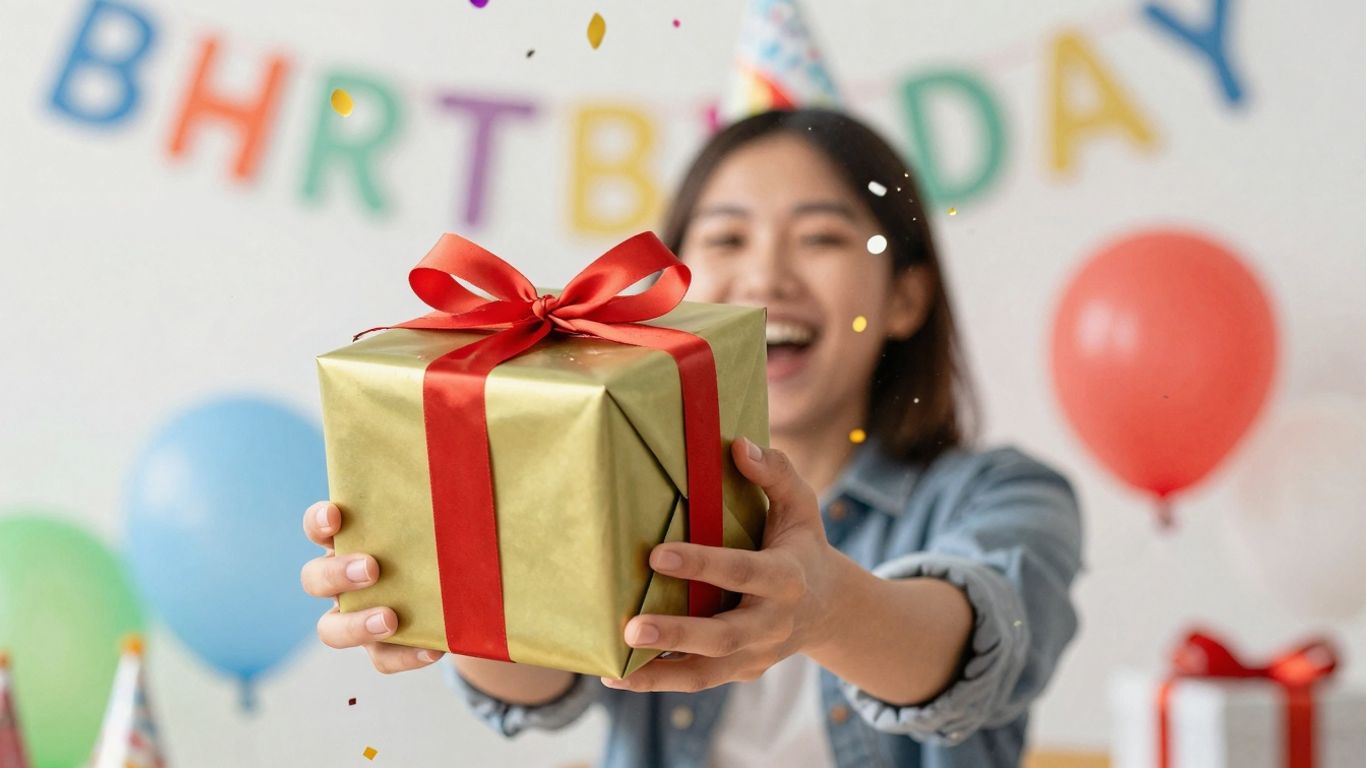 Person giving a belated birthday gift with confetti.