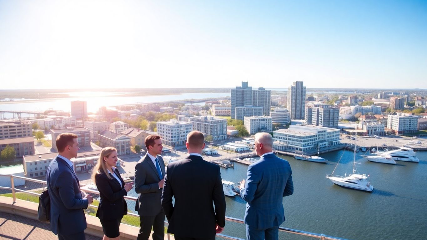 Wilmington NC cityscape with business professionals by the water.