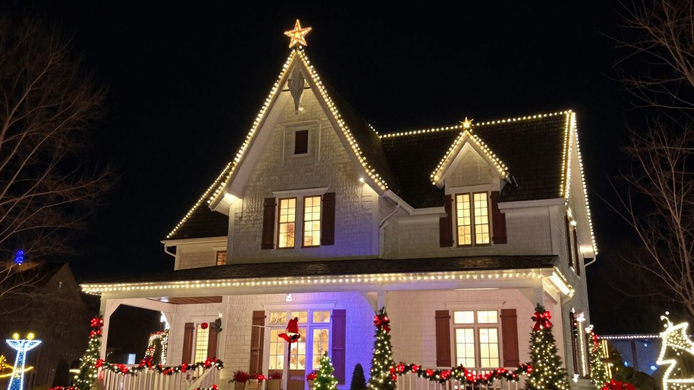 Professionally installed Christmas lights on a house exterior.