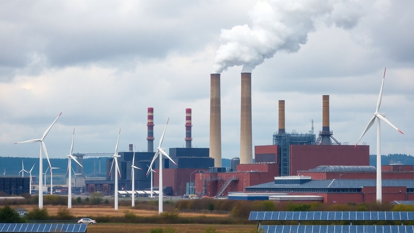 Centrale à charbon et gaz avec éoliennes et panneaux solaires