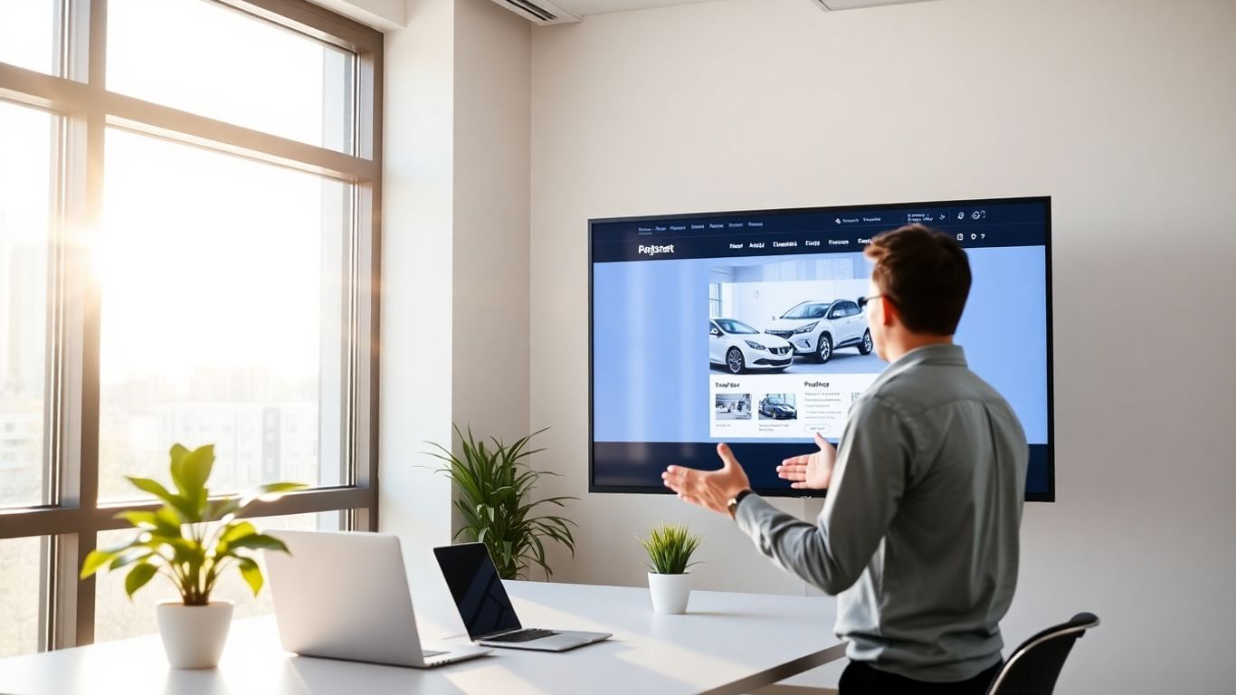 Business partners discussing website design on a monitor.