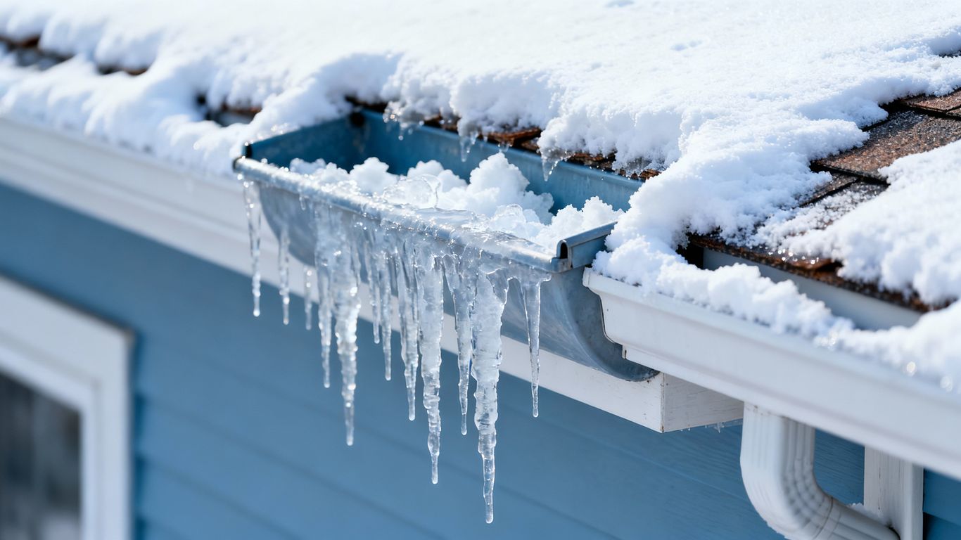 Winter gutter clogged with snow and ice.