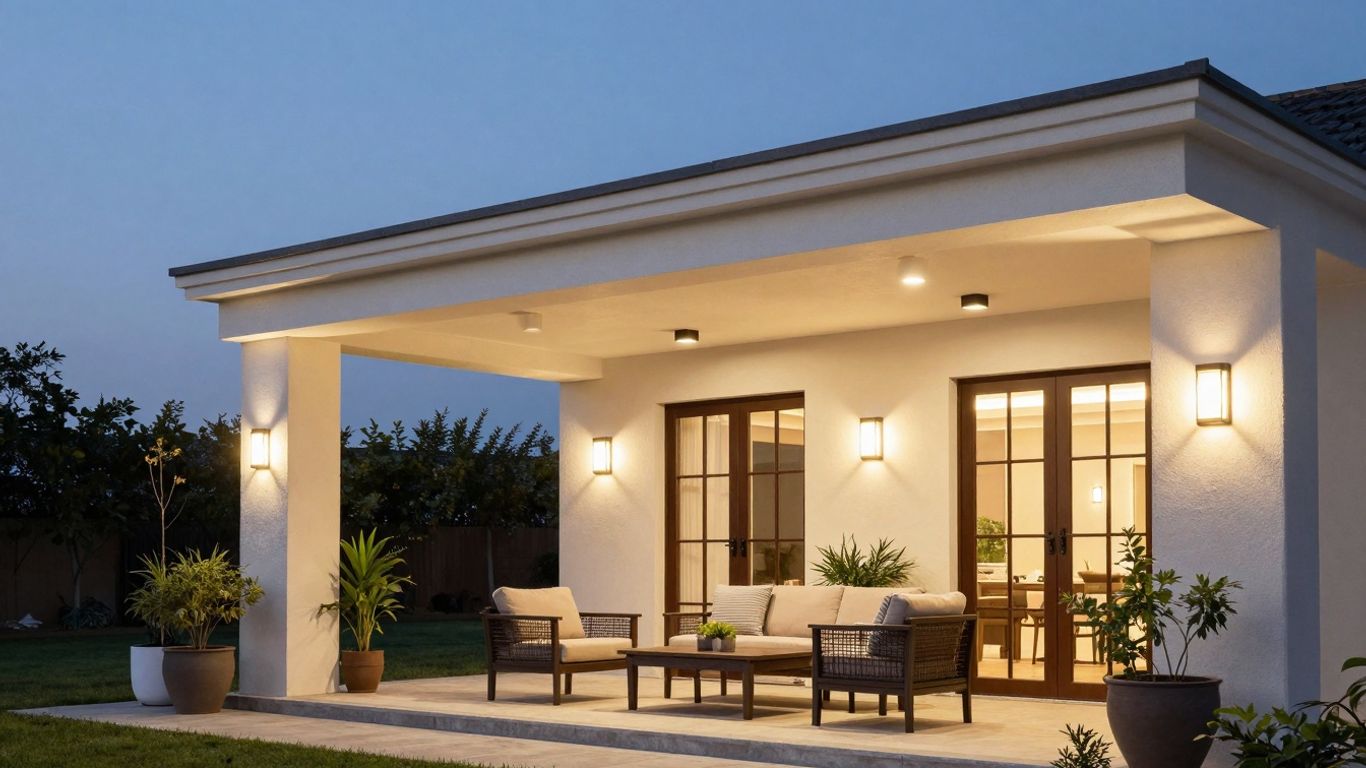 Modern outdoor ceiling lights illuminating a patio at dusk.