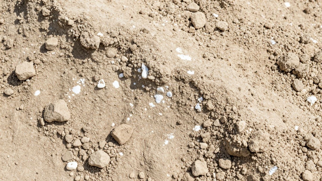 Textura de solo calcário com depósitos minerais brancos.