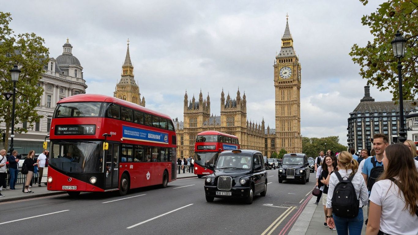 Iconic London landmarks with red buses and tourists.